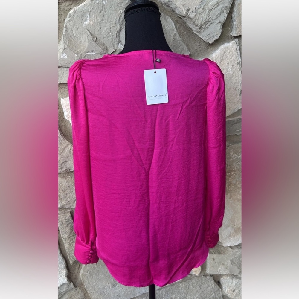 Gibson Latimer Blouse Top S/M Hot Pink Draped Neck Long Sleeve NEW MSRP $79 - Picture 5 of 6